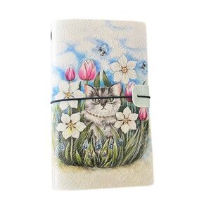 Cat with Flowers and Flies Faux Leather Reusable Travelers Notebook 8x4.5”